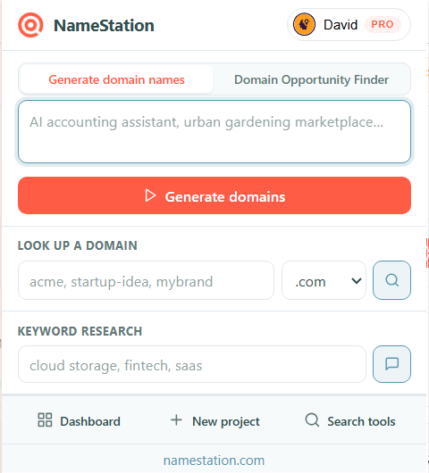 NameStation Chrome extension popup showing domain name generator, lookup, and keyword research tools