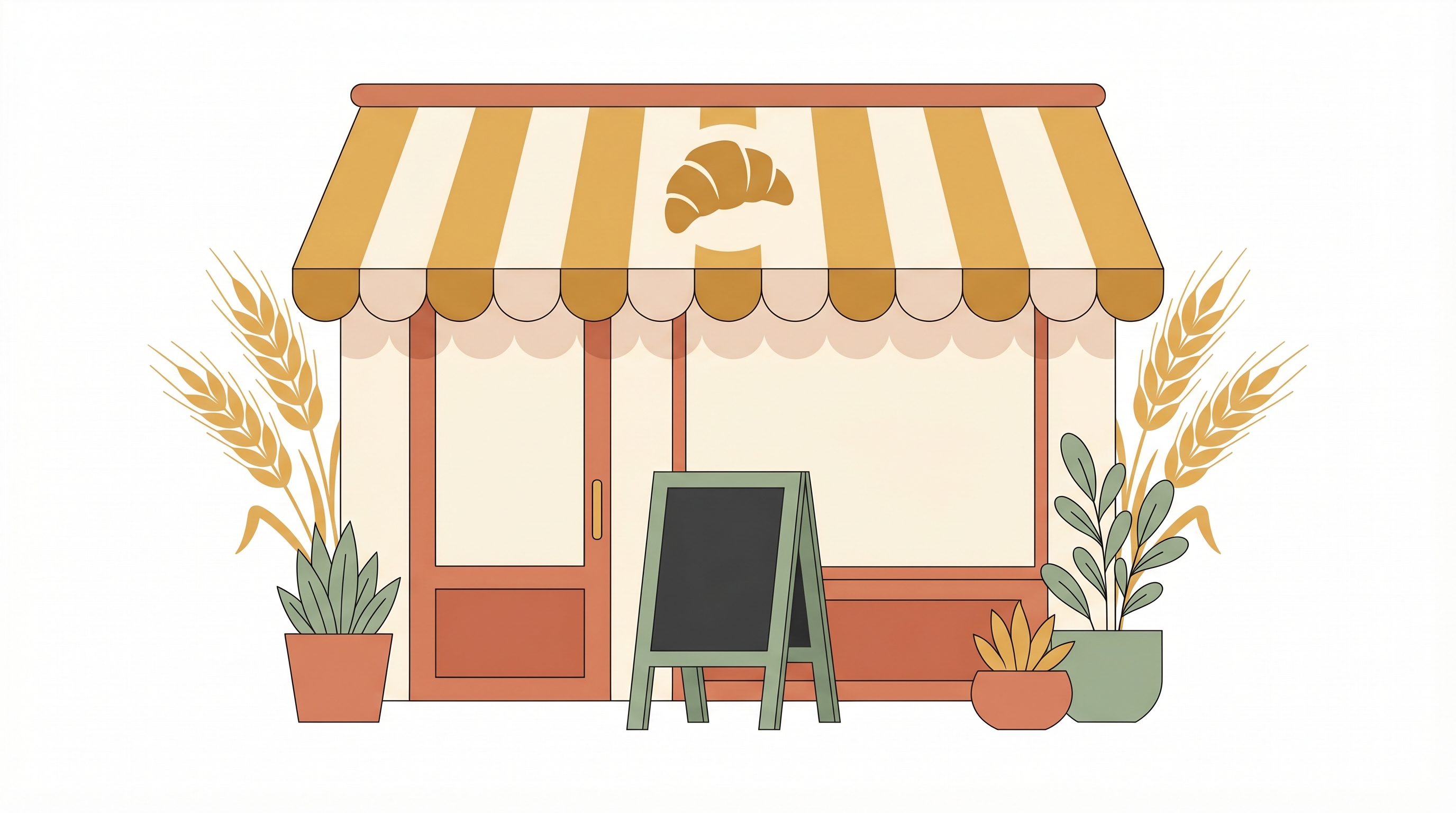 Bakery name ideas - illustrated storefront with croissant awning and wheat stalks